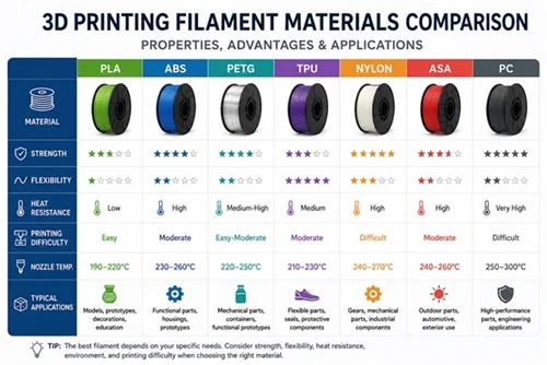Materiály vláken pro 3D tisk: PLA, ABS, PETG, TPU a nylon ve srovnání